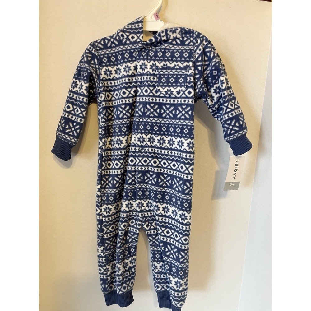 Carters Baby Boy Hooded‎ Fleece Romper Pajamas Snowflake Print 9 Month